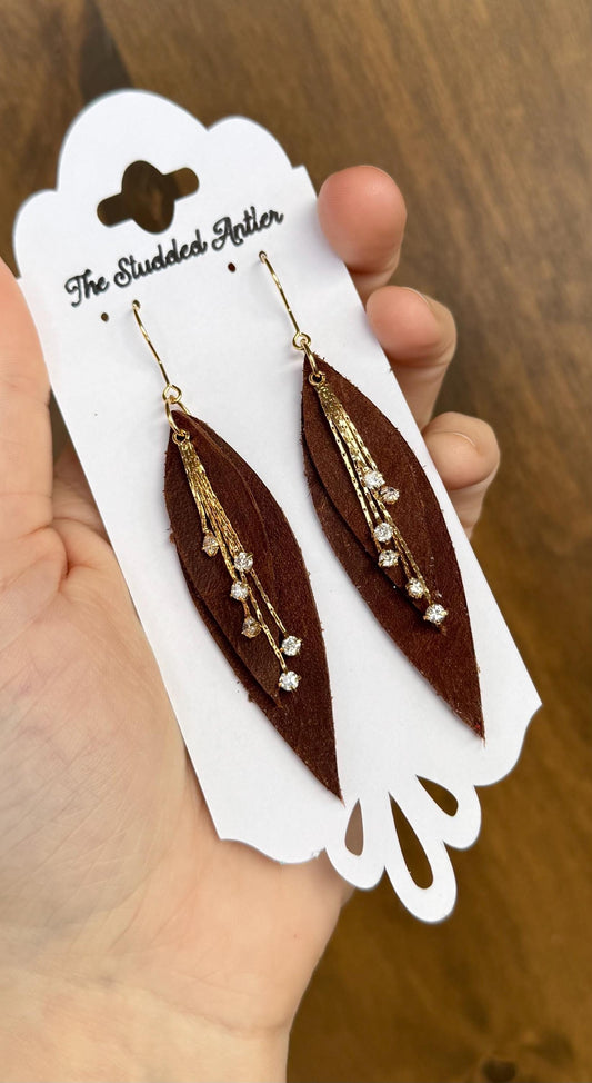 Teardrop Genuine Leather Earrings - Brown and Gold