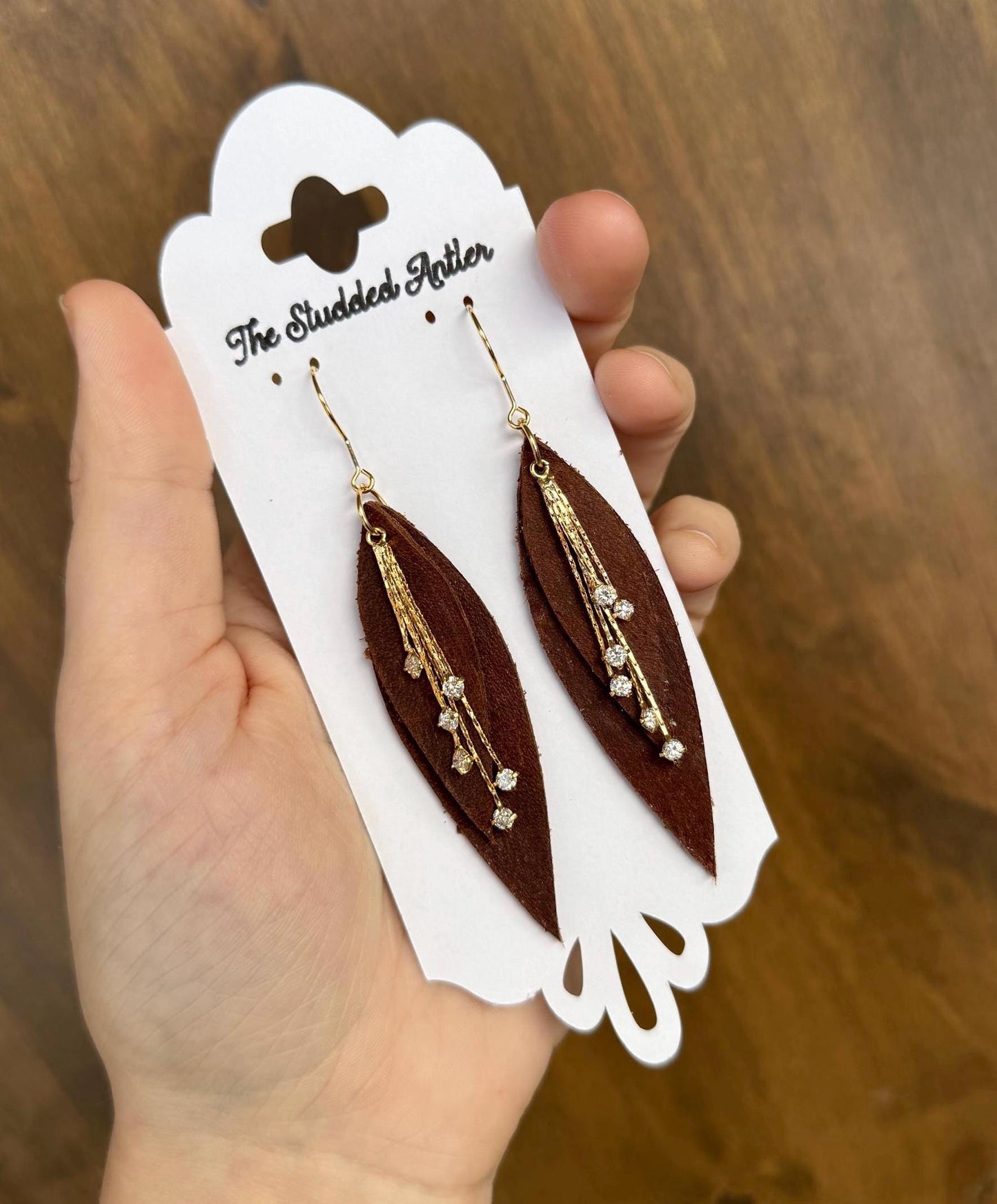 Teardrop Genuine Leather Earrings - Brown and Gold