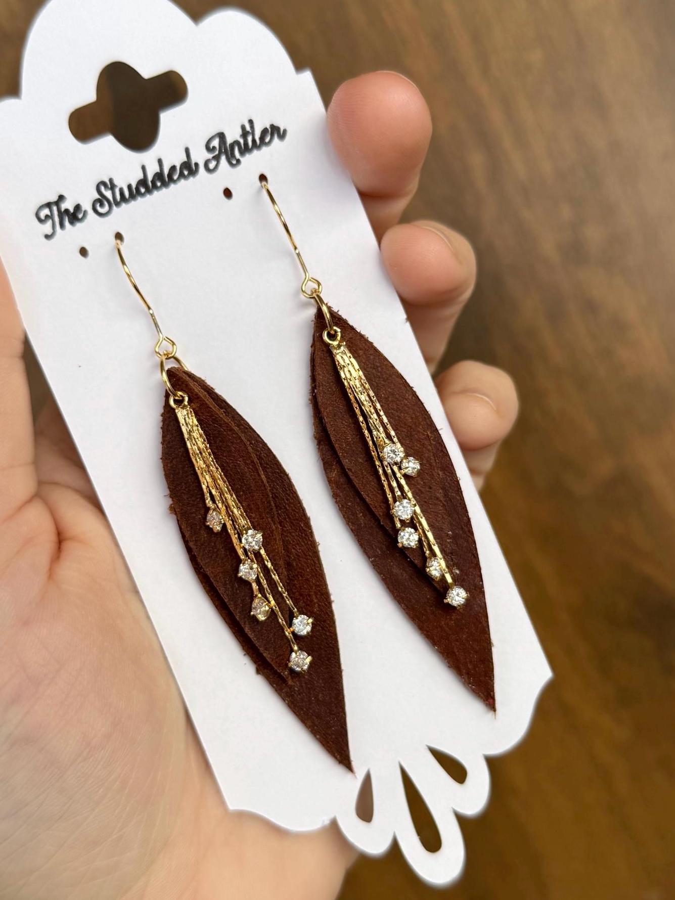 Teardrop Genuine Leather Earrings - Brown and Gold