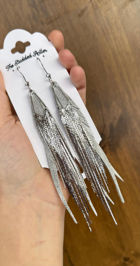 Fringe Feather Genuine Leather Earrings - Silver Sparkle