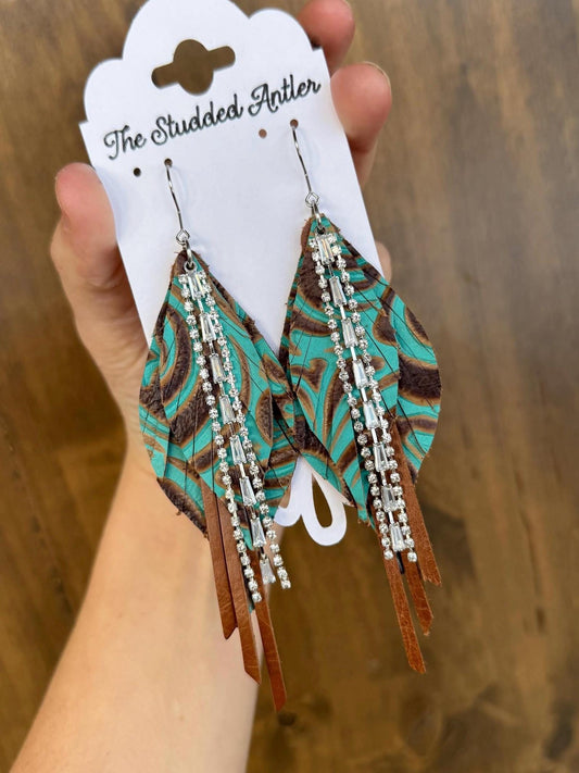 Fringe Feather Genuine Leather Earrings - Teal and Brown Tooled