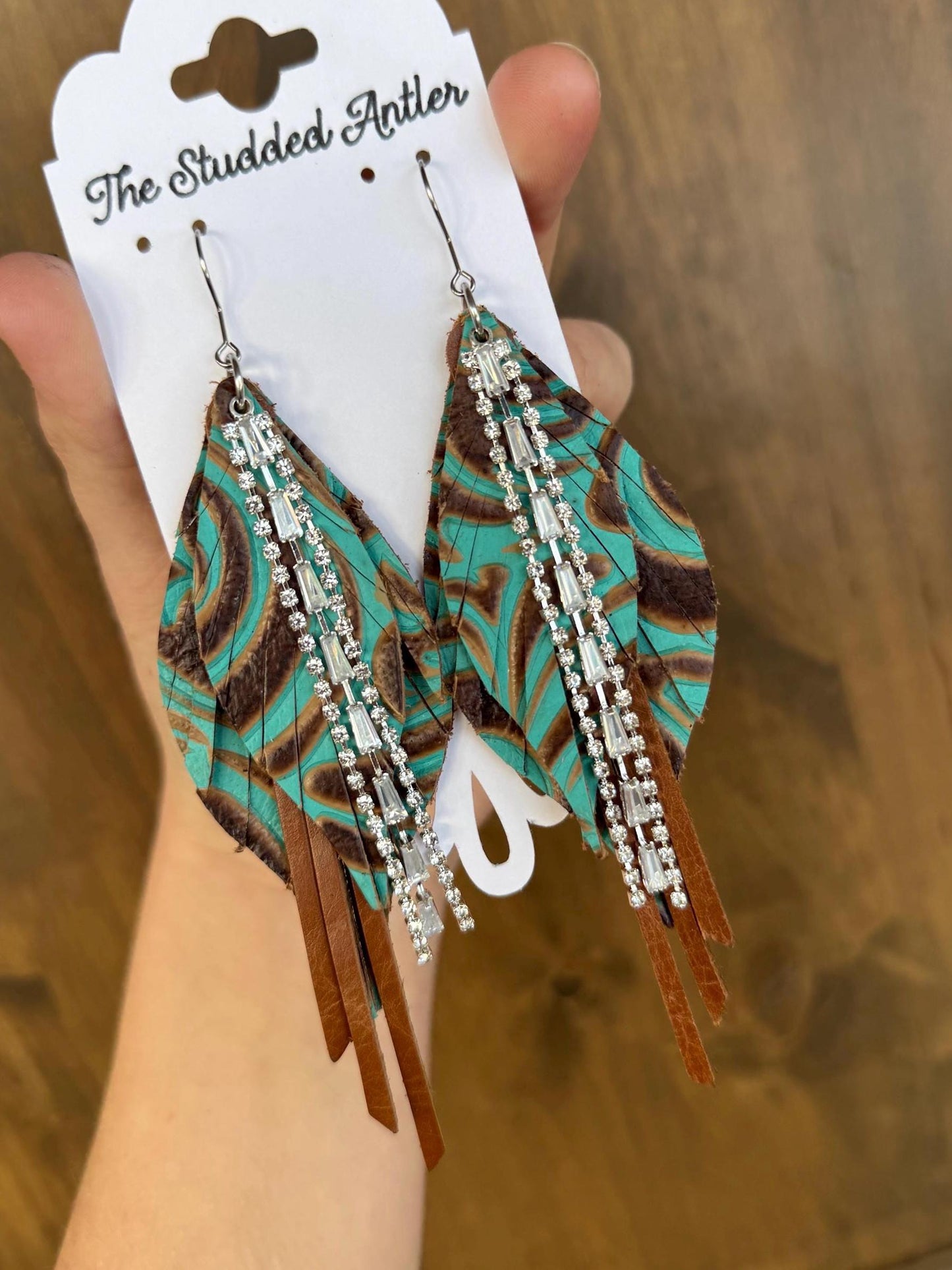 Fringe Feather Genuine Leather Earrings - Teal and Brown Tooled