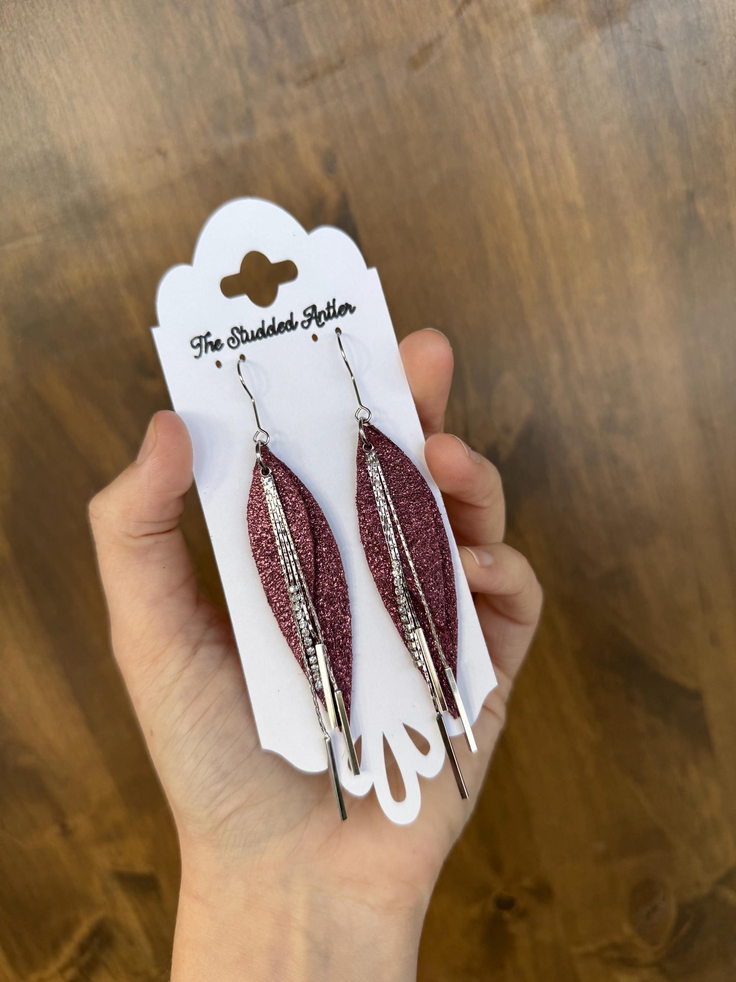 Fringe Feather Genuine Leather Earrings - Red Burgundy Sparkle