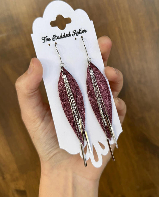 Fringe Feather Genuine Leather Earrings - Red Burgundy Sparkle