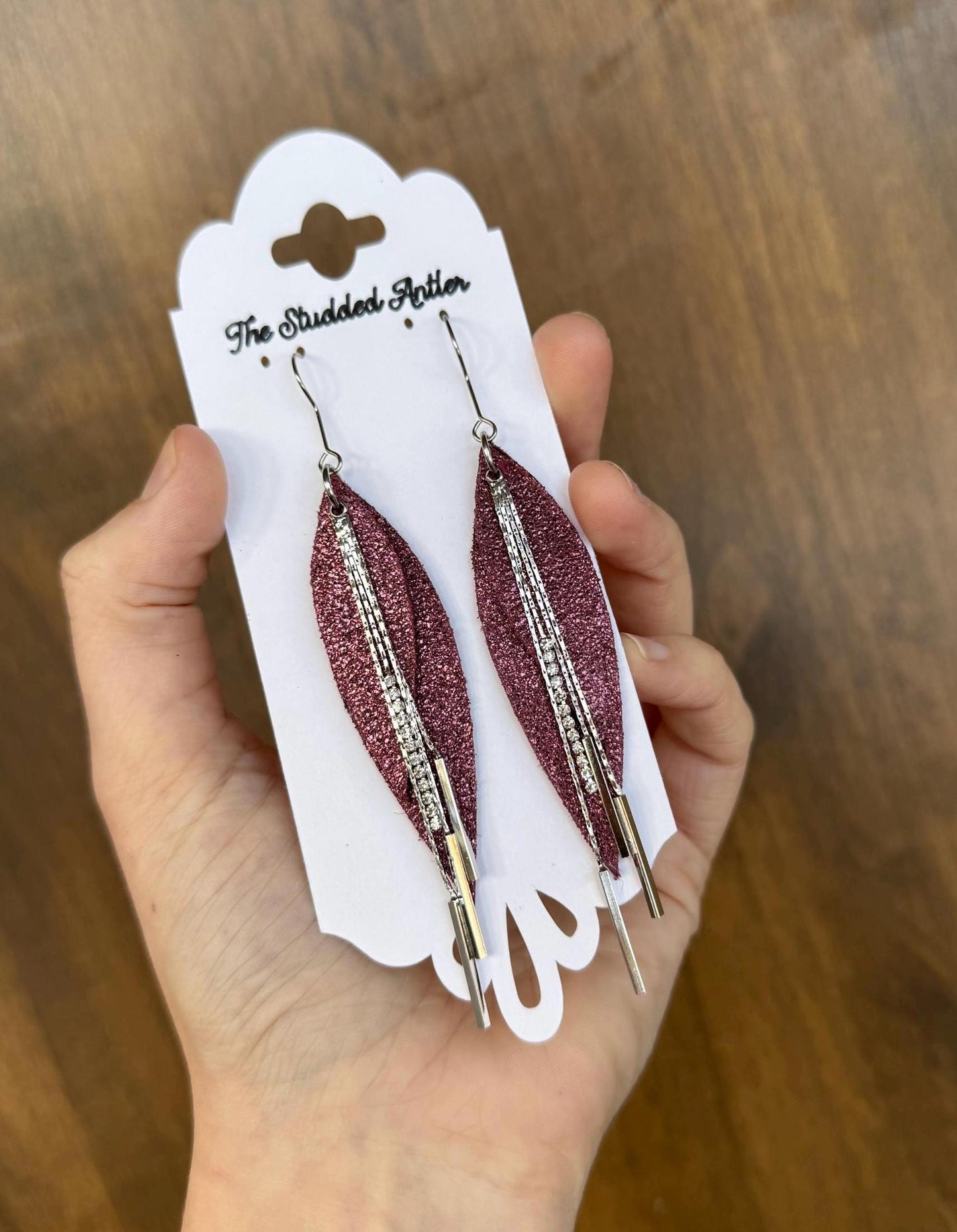 Fringe Feather Genuine Leather Earrings - Red Burgundy Sparkle
