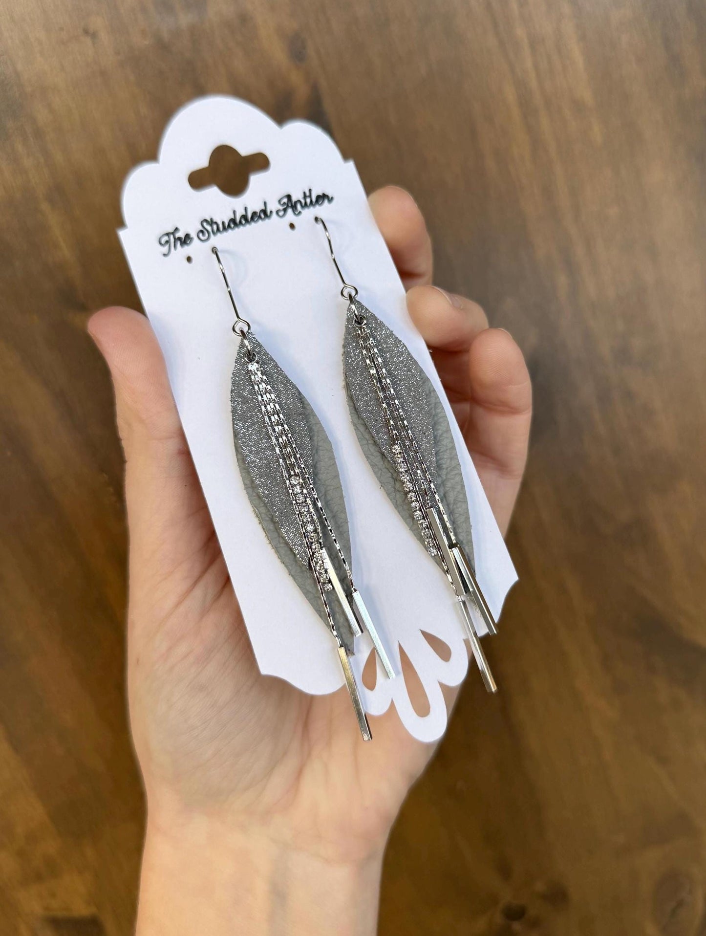 Teardrop Genuine Leather Earrings - Gray Shimmer and Silver