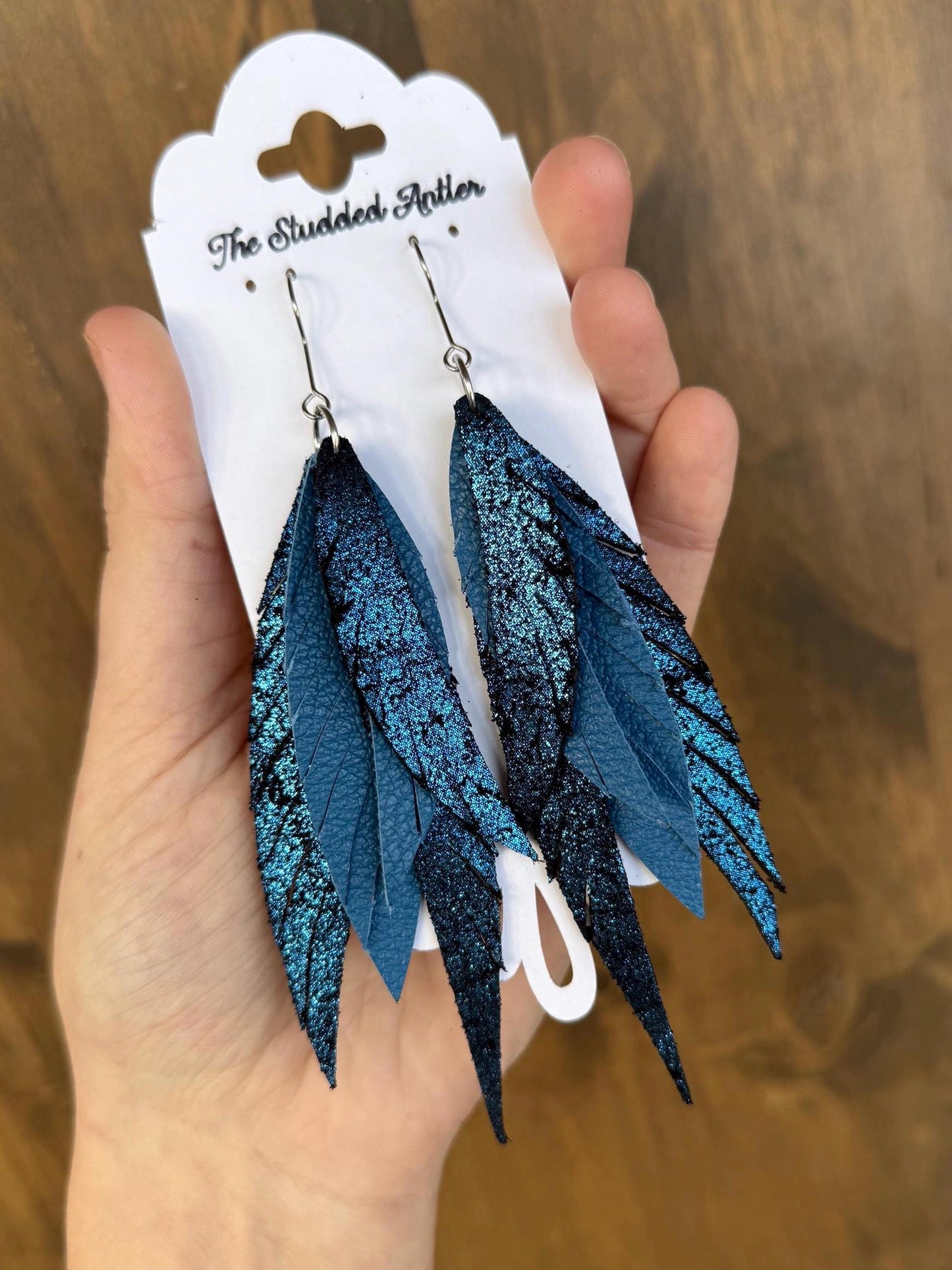 Fringe Feather Genuine Leather Earrings - Navy Blue