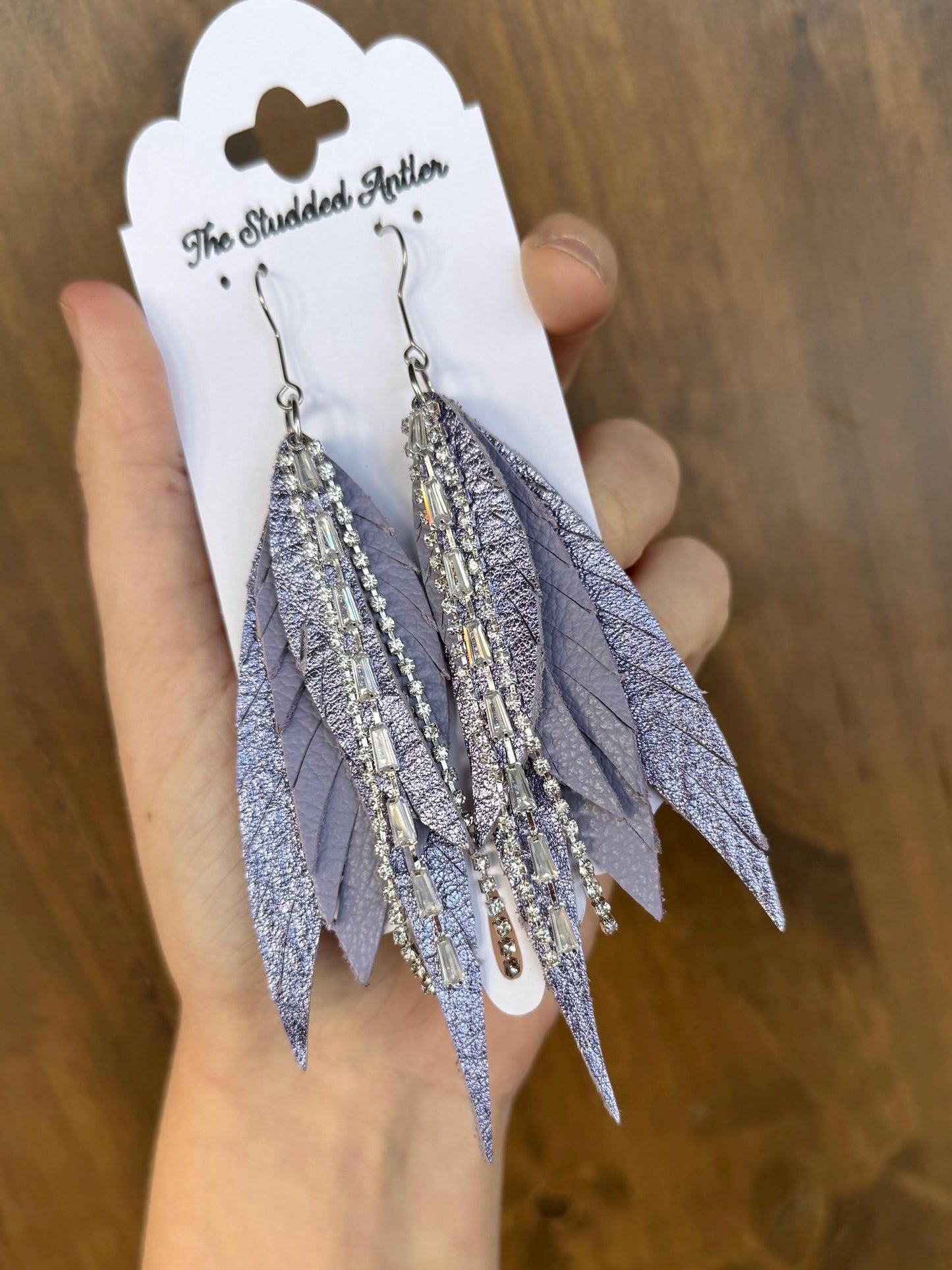 Fringe Feather Genuine Leather Earrings - Light Purple Metallic