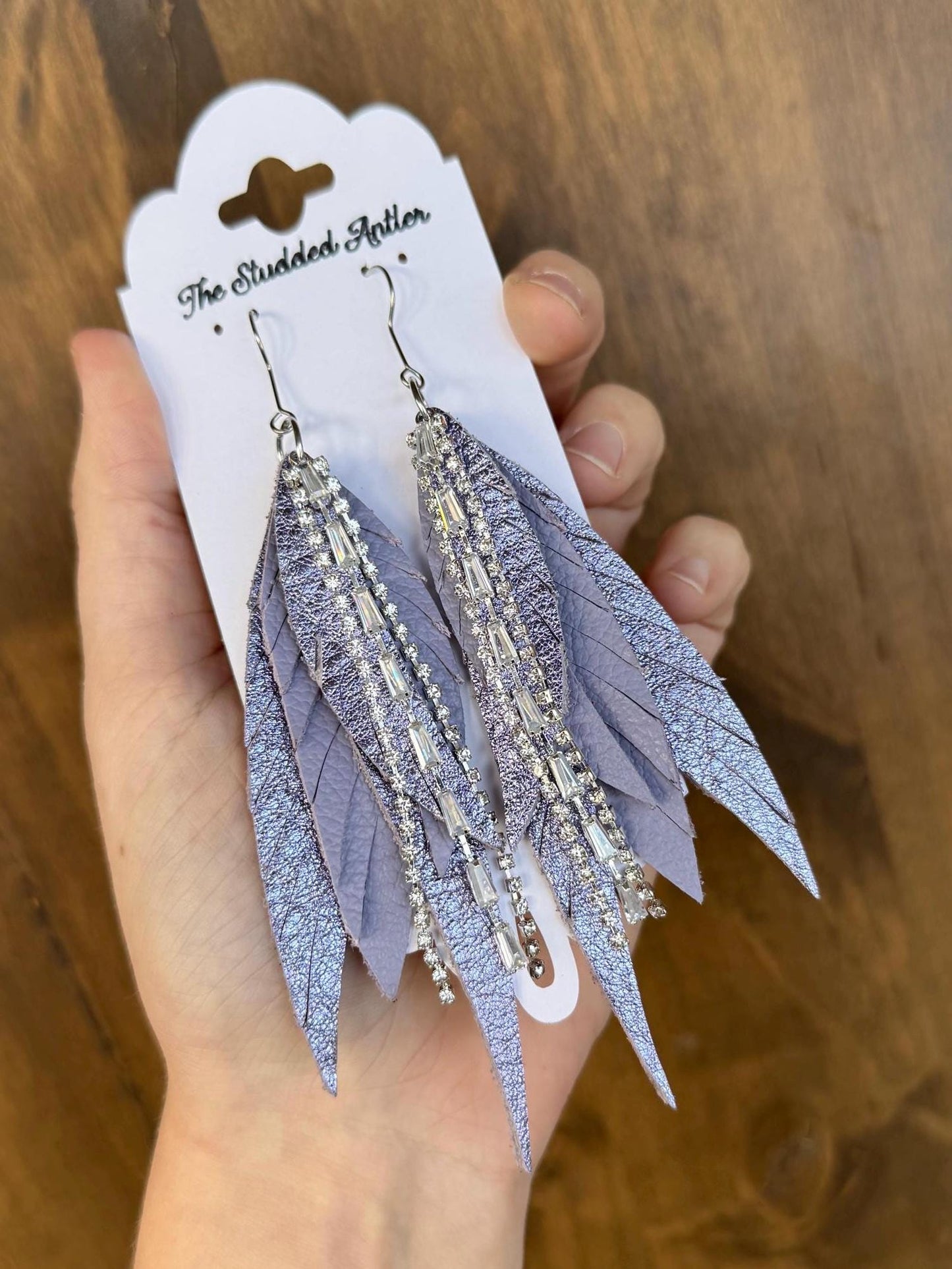 Fringe Feather Genuine Leather Earrings - Light Purple Metallic