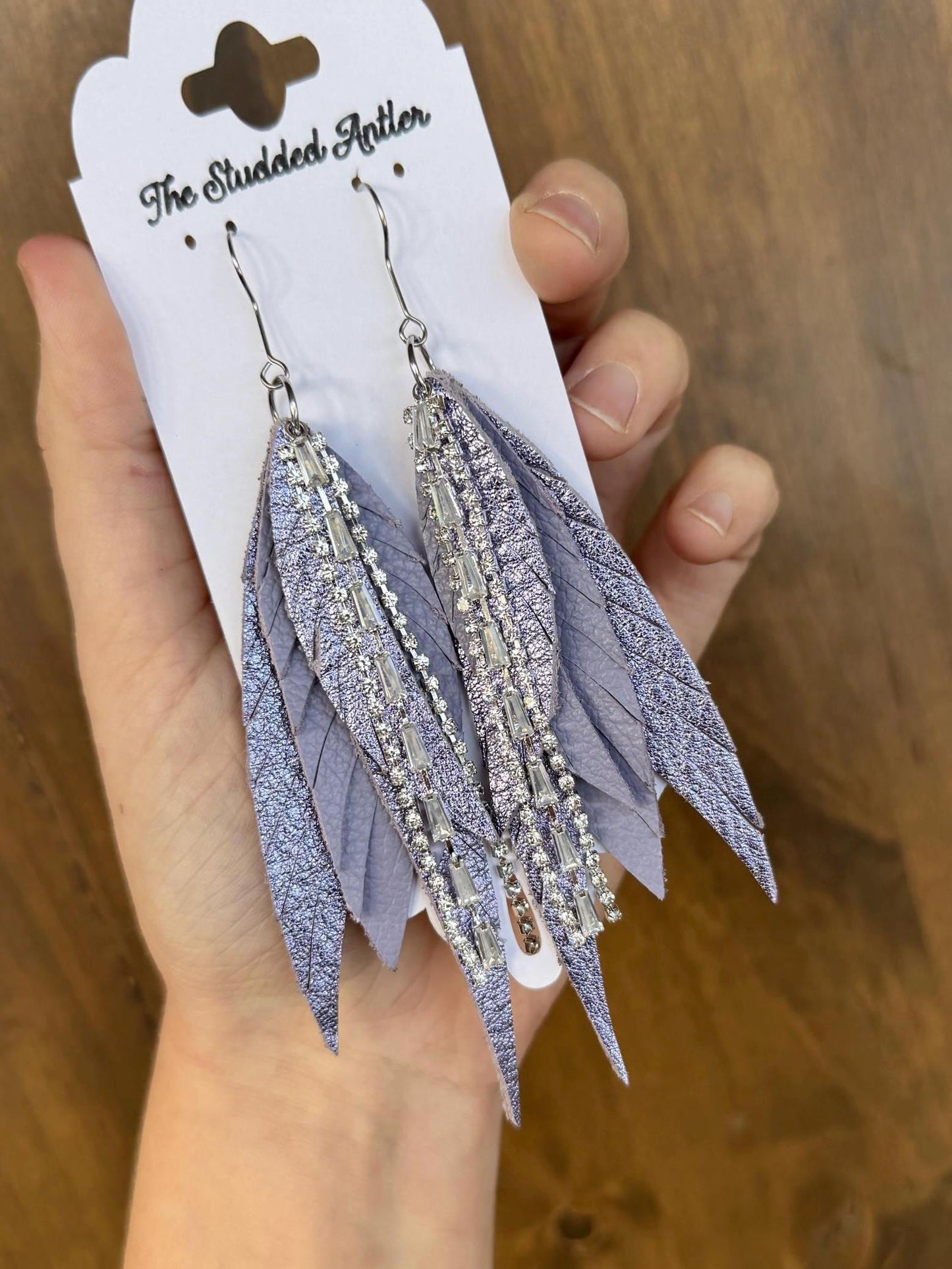 Fringe Feather Genuine Leather Earrings - Light Purple Metallic