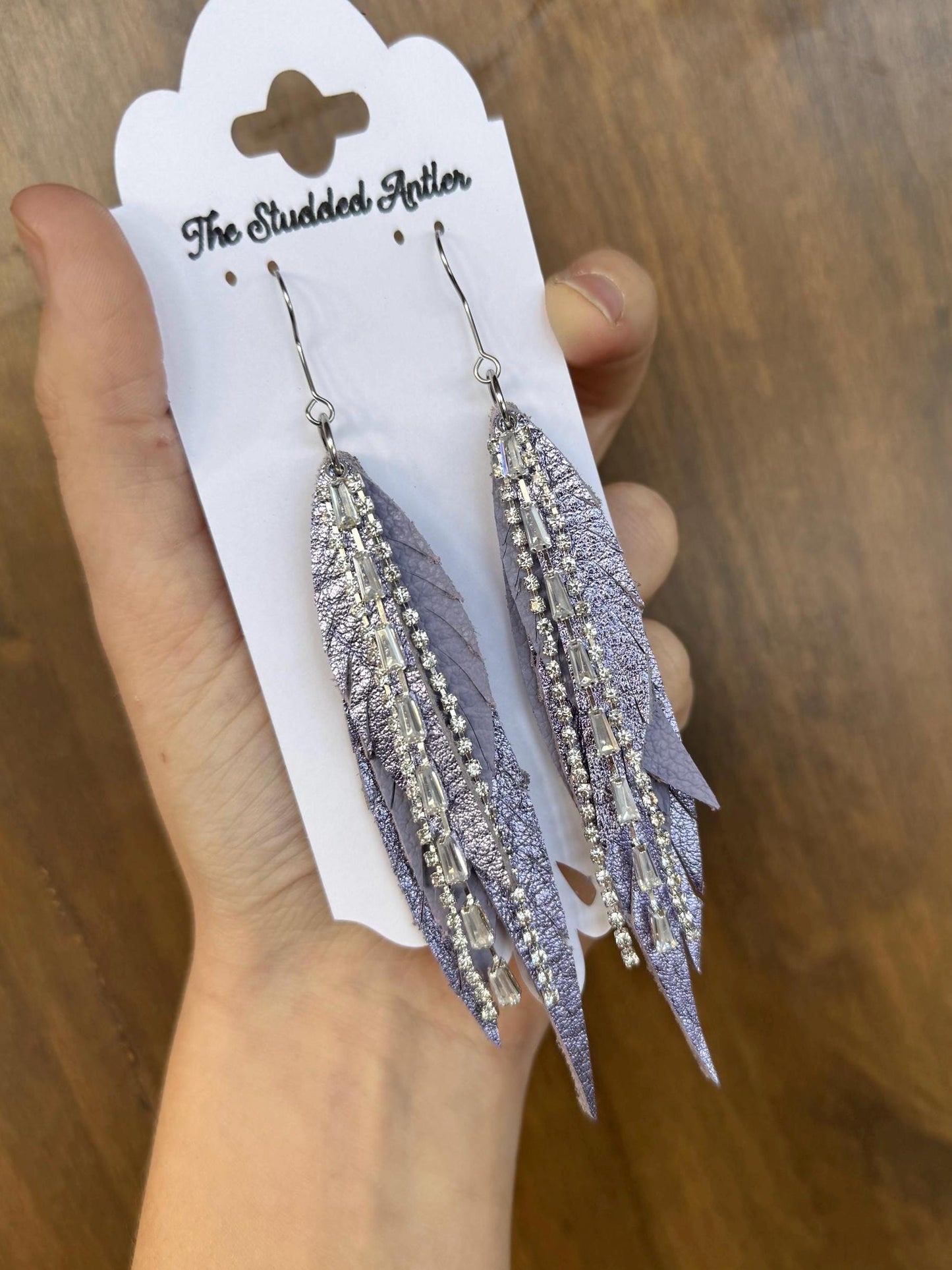 Fringe Feather Genuine Leather Earrings - Light Purple Metallic