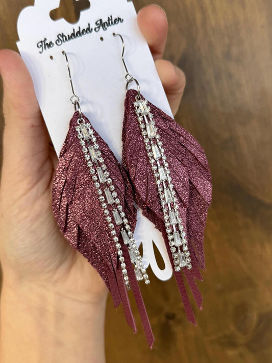 Burgundy leather earrings, teardrop leather earrings, fringe feather leather earrings, statement leather earrings, bling silver earrings