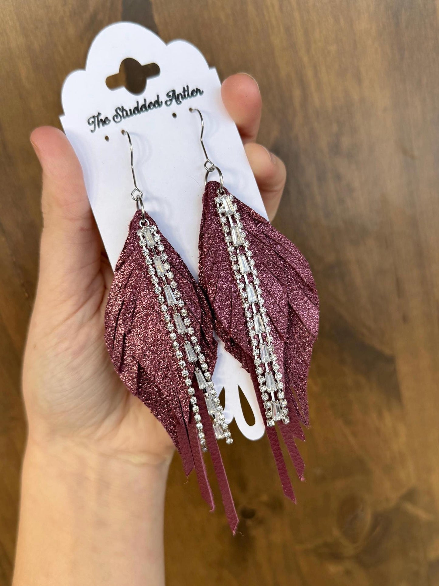 Burgundy leather earrings, teardrop leather earrings, fringe feather leather earrings, statement leather earrings, bling silver earrings