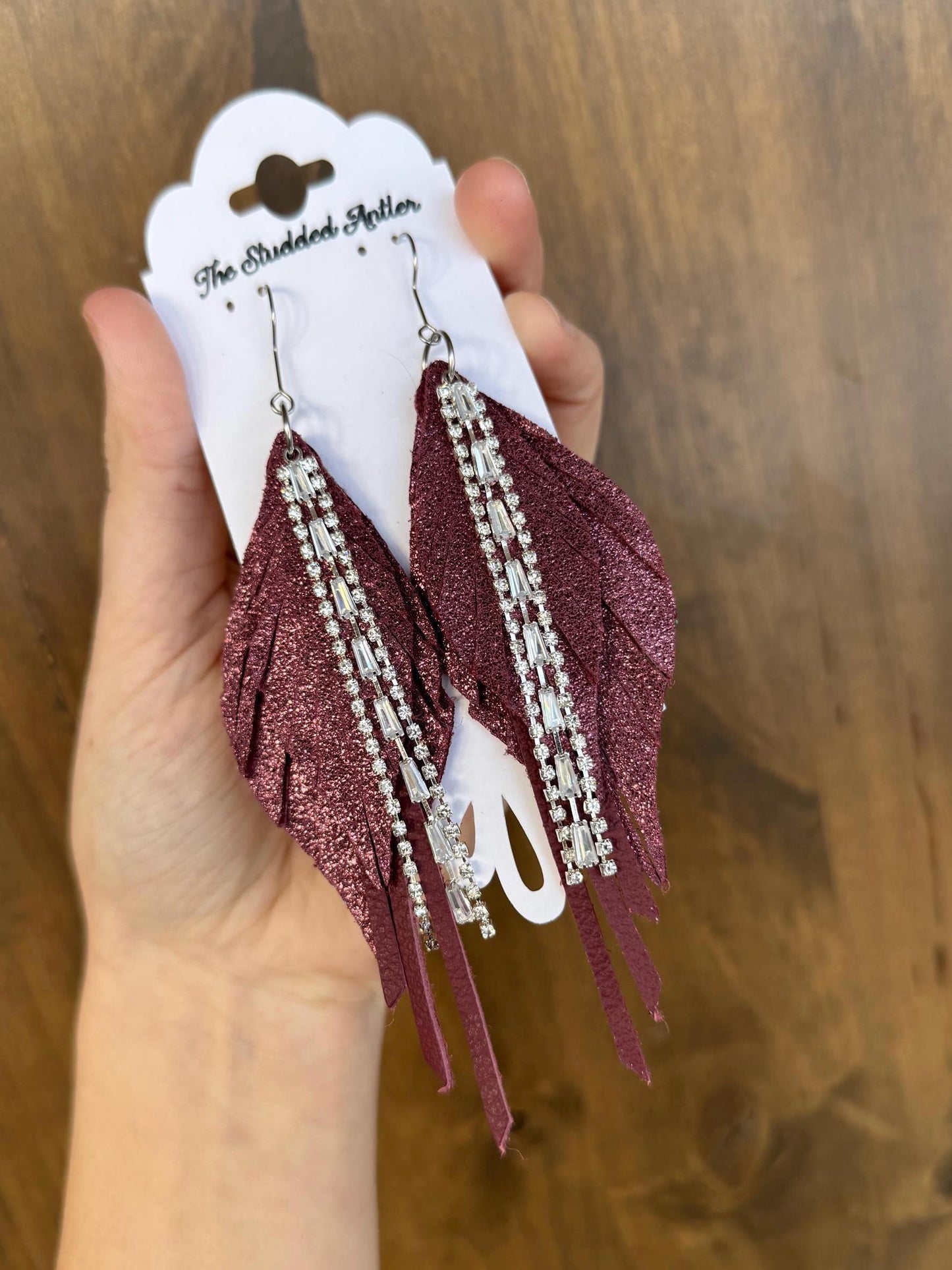 Burgundy leather earrings, teardrop leather earrings, fringe feather leather earrings, statement leather earrings, bling silver earrings