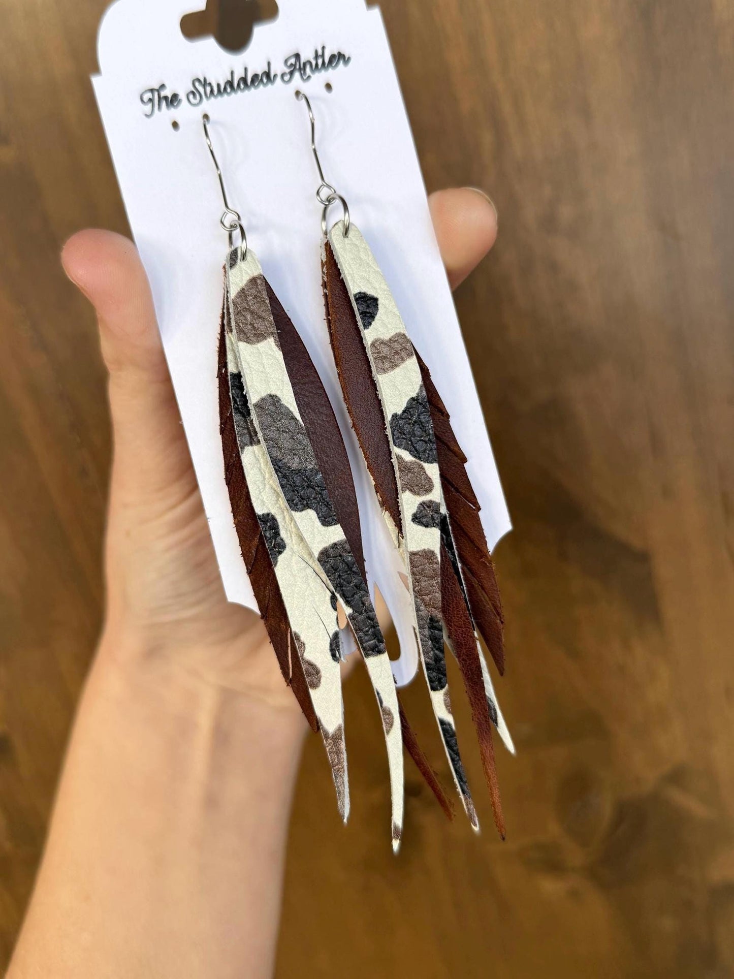 Fringe Feather Genuine Leather Earrings - Dark Brown and Cow Print