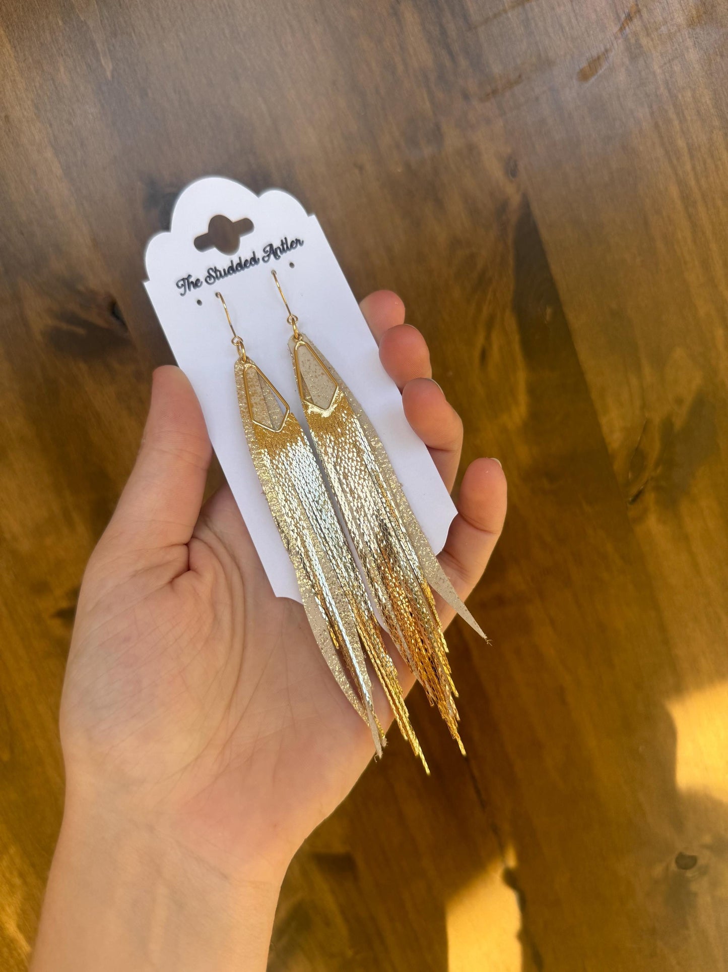Western Style Leather Earrings - Fringe Feather Leather Earrings - Gold Shimmer