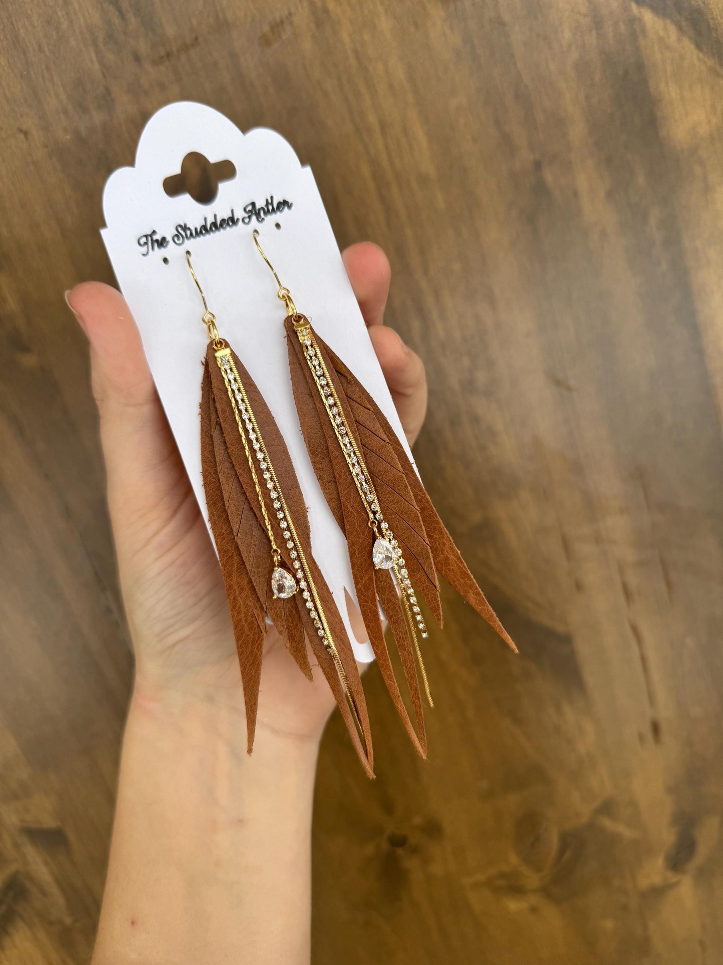 Fringe Feather Genuine Leather Earrings - Brown and gold