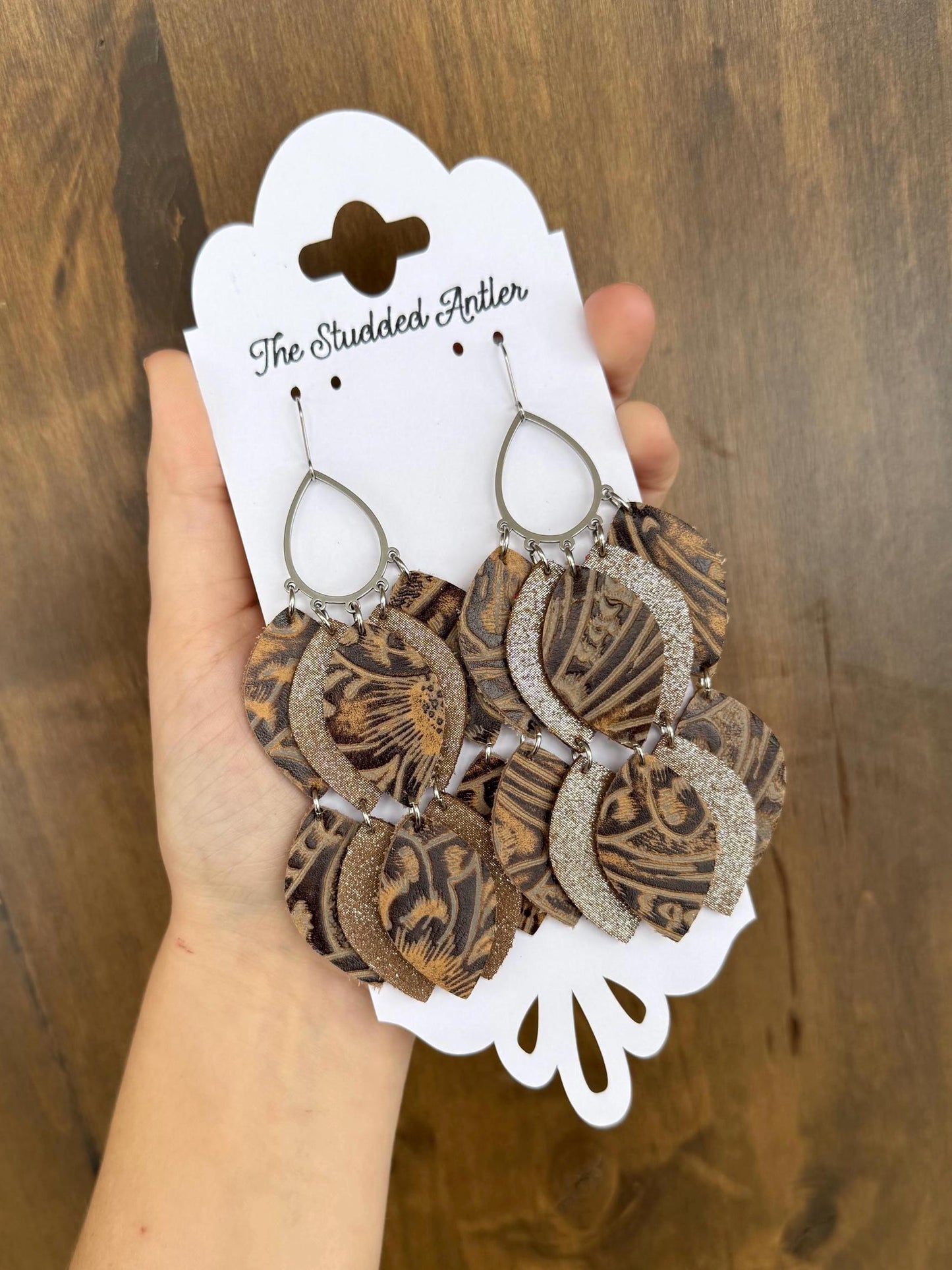 Teardrop Genuine Leather Earrings - Brown and Light Brown Sparkle