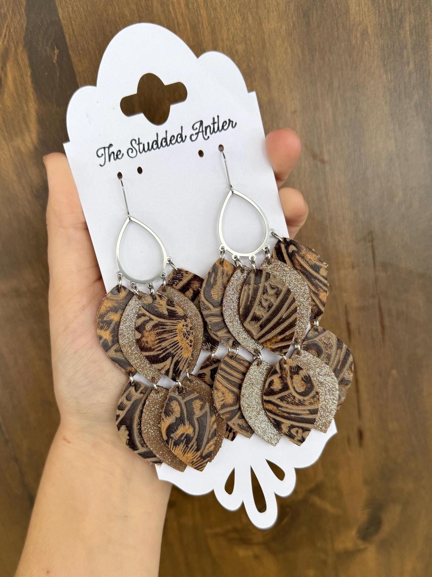 Teardrop Genuine Leather Earrings - Brown and Light Brown Sparkle