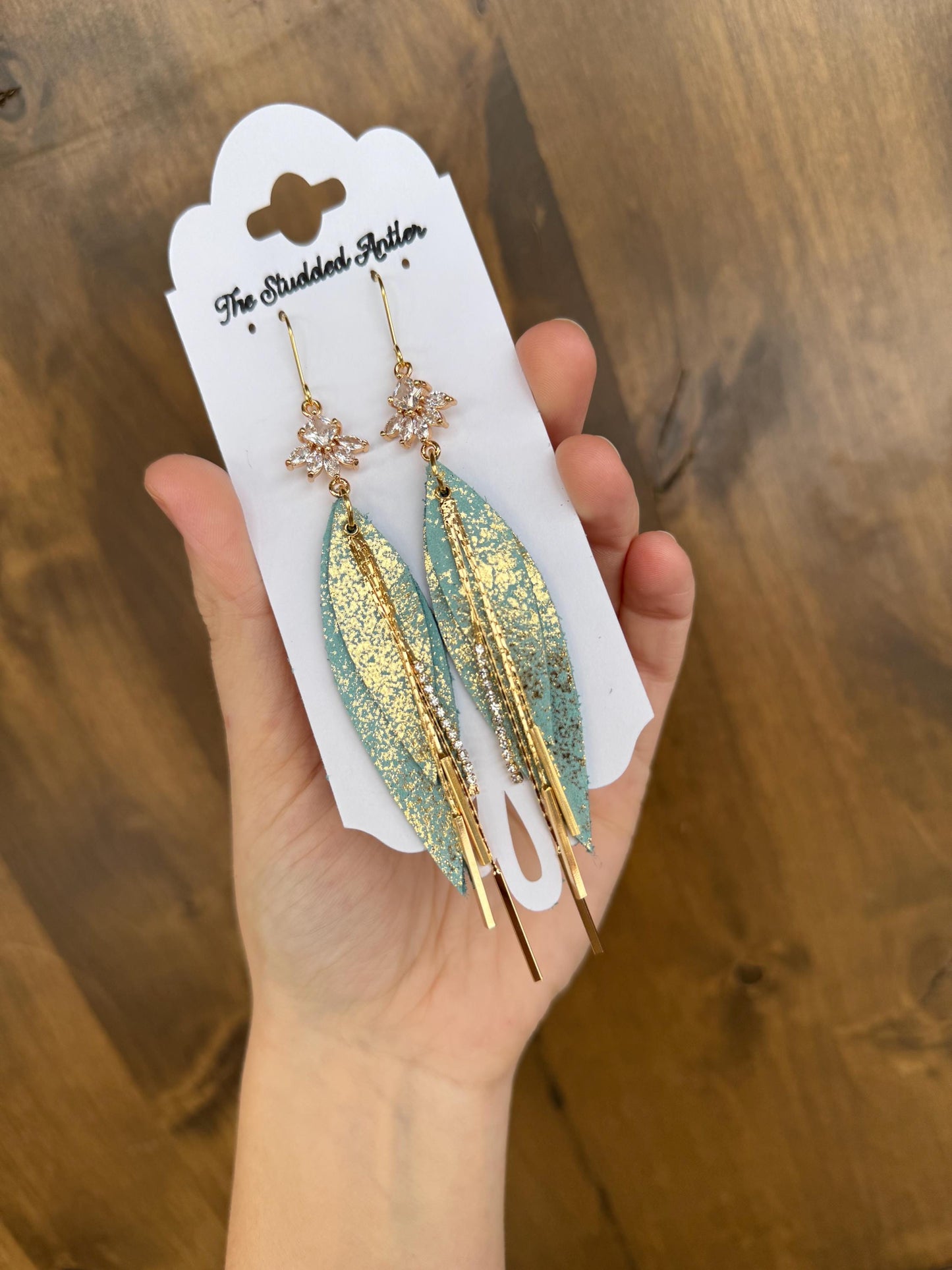 Teardrop Genuine Leather Earrings - Light Blue and Gold Shimmer