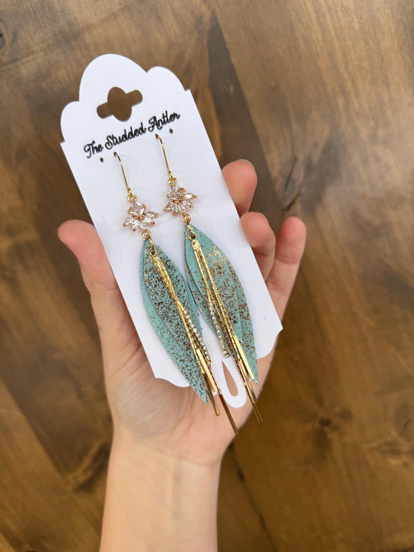 Teardrop Genuine Leather Earrings - Light Blue and Gold Shimmer