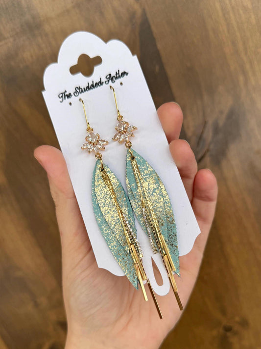 Teardrop Genuine Leather Earrings - Light Blue and Gold Shimmer