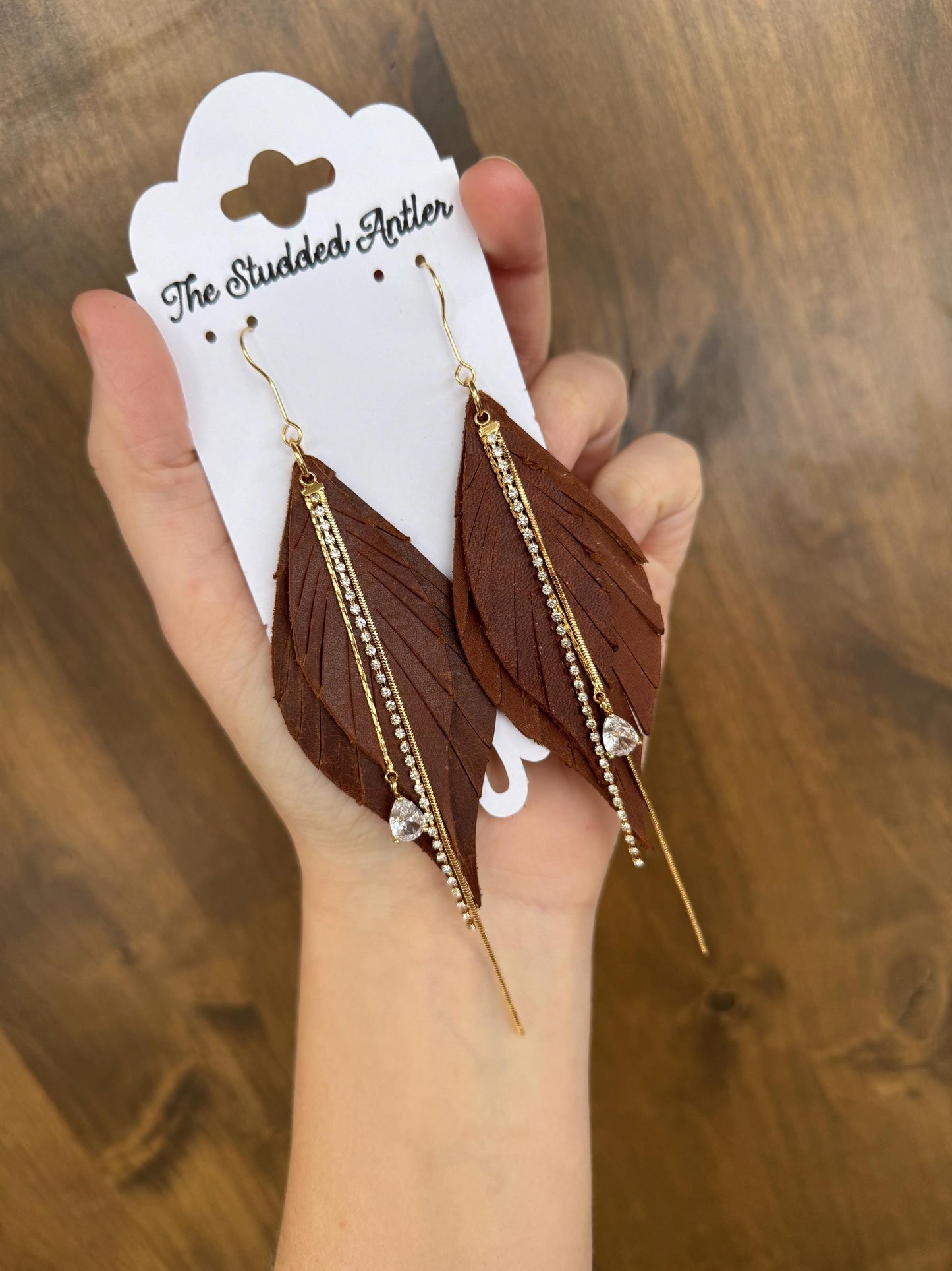 Fringe Feather Genuine Leather Earrings - Brown and Gold