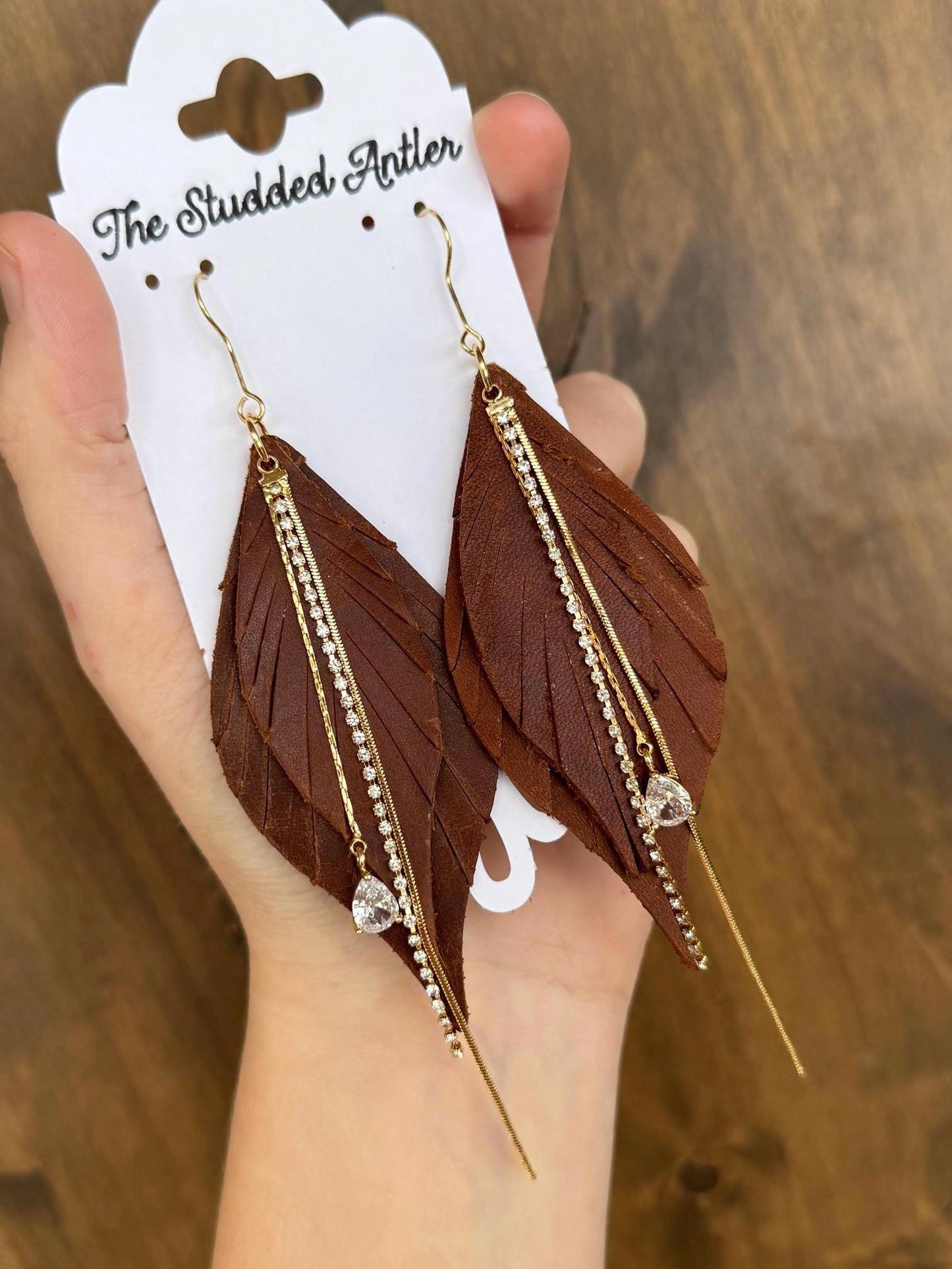 Fringe Feather Genuine Leather Earrings - Brown and Gold