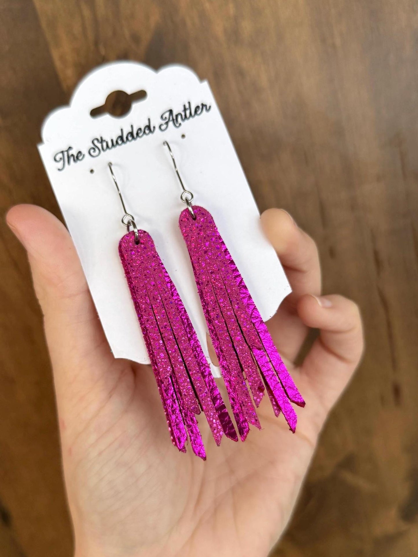 Fringe Genuine Leather Earrings - Pink Metallic