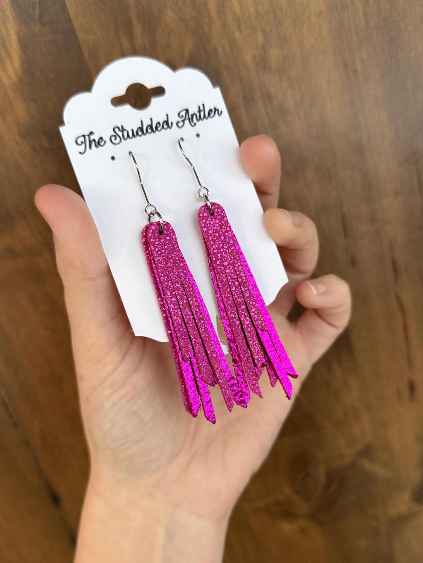 Fringe Genuine Leather Earrings - Pink Metallic