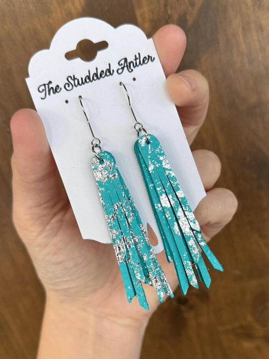 Fringe Genuine Leather Earrings - Aqua Blue and Silver