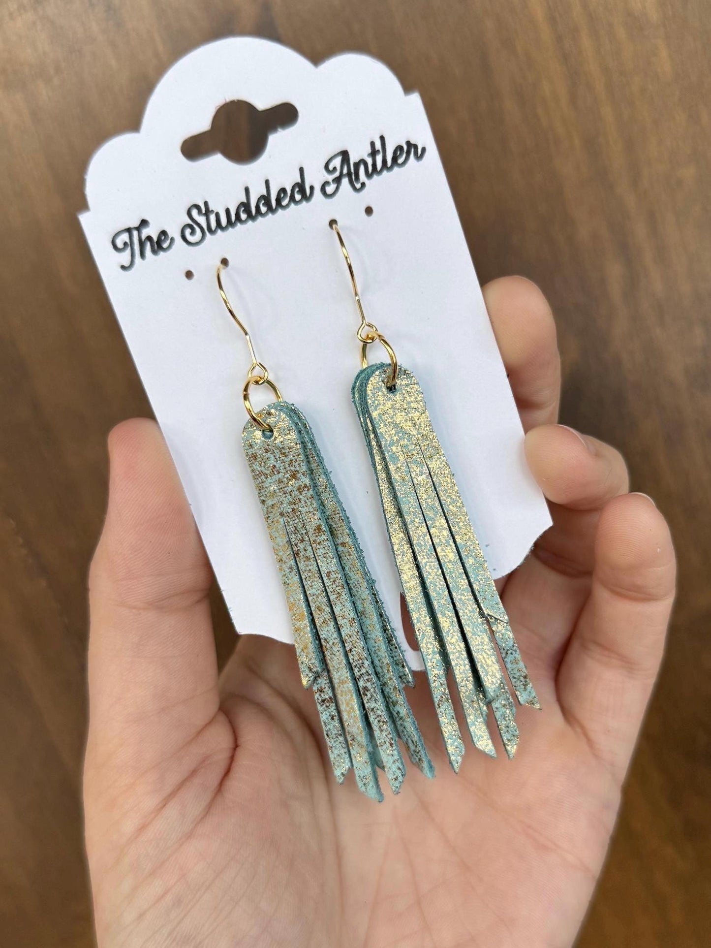 Fringe Genuine Leather Earrings - Aqua Blue and Gold Shimmer