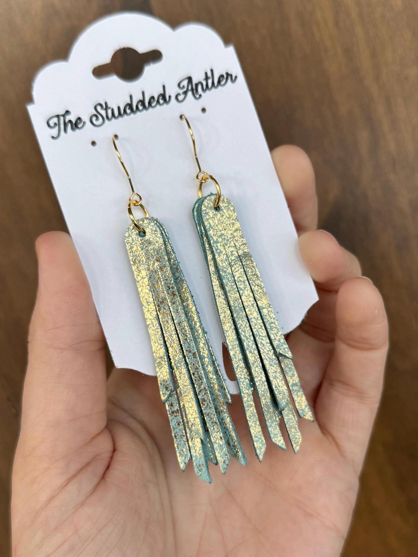 Fringe Genuine Leather Earrings - Aqua Blue and Gold Shimmer