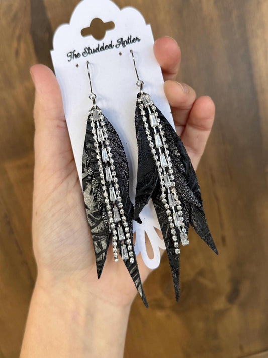 Fringe Feather Genuine Leather Earrings - Black Tooled