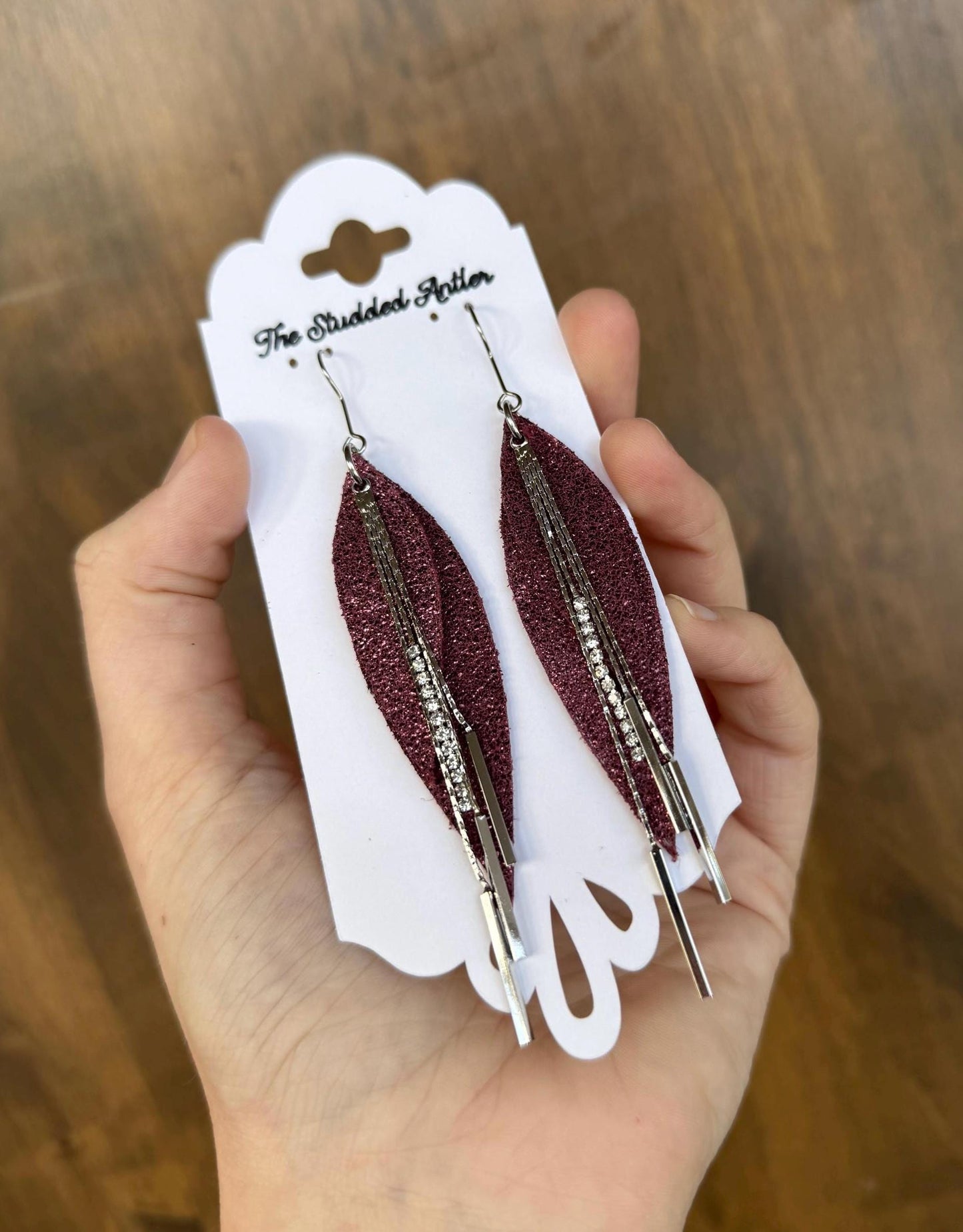 Fringe Feather Genuine Leather Earrings - Red Burgundy Sparkle