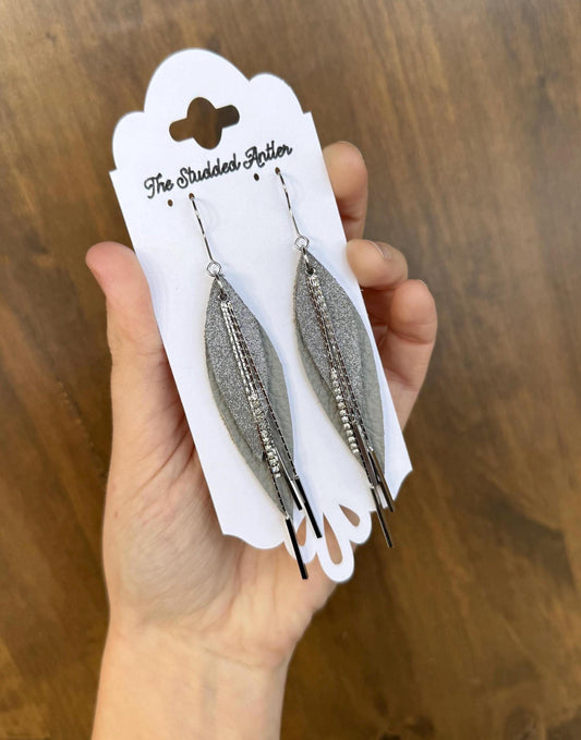 Teardrop Genuine Leather Earrings - Gray Shimmer and Silver