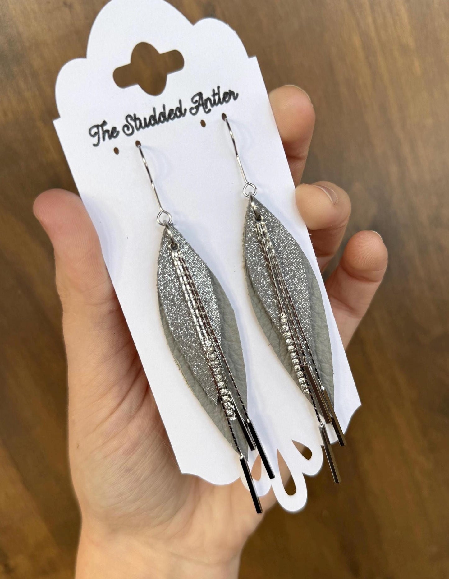 Teardrop Genuine Leather Earrings - Gray Shimmer and Silver