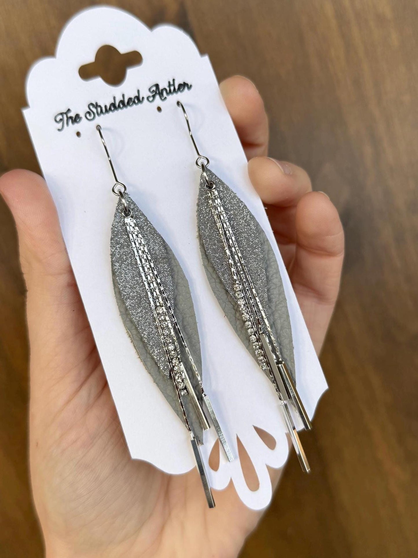 Teardrop Genuine Leather Earrings - Gray Shimmer and Silver