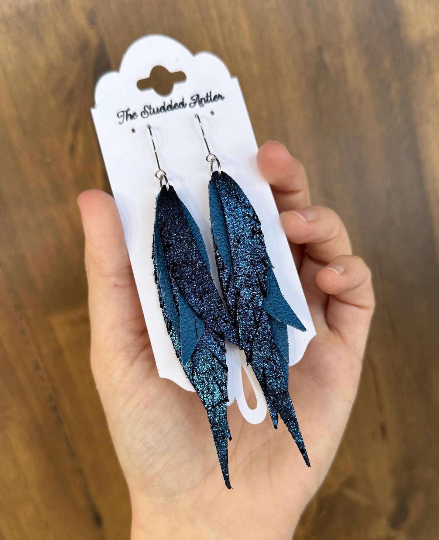 Fringe Feather Genuine Leather Earrings - Navy Blue