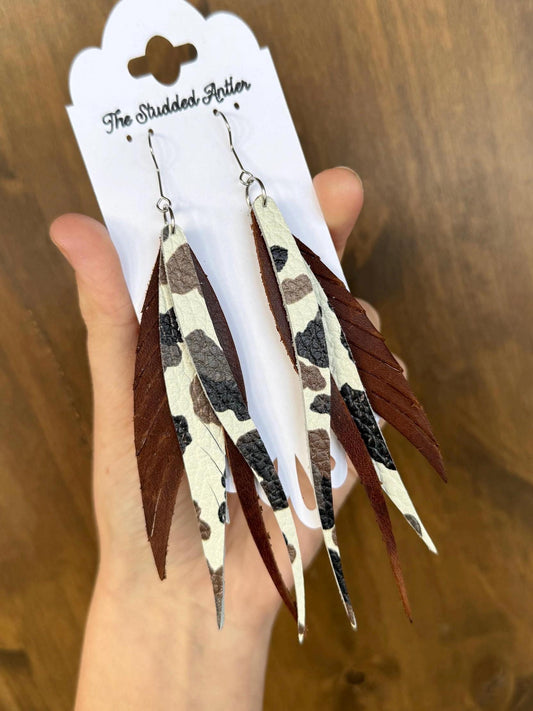 Fringe Feather Genuine Leather Earrings - Dark Brown and Cow Print