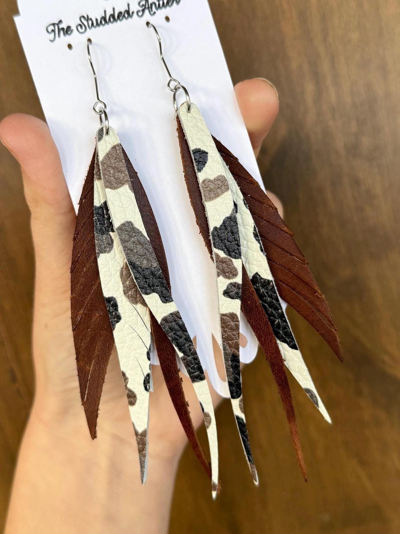 Fringe Feather Genuine Leather Earrings - Dark Brown and Cow Print