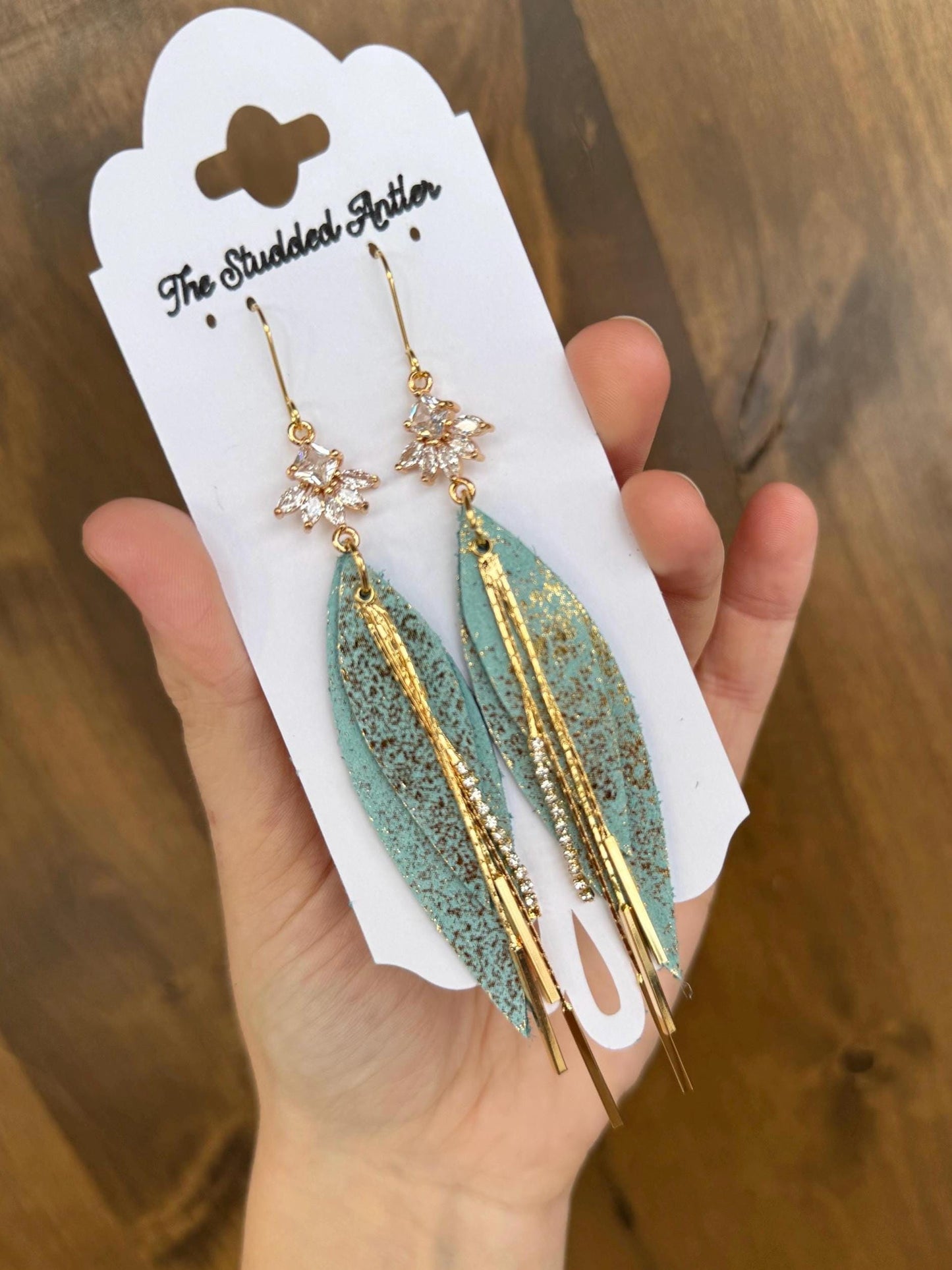 Teardrop Genuine Leather Earrings - Light Blue and Gold Shimmer