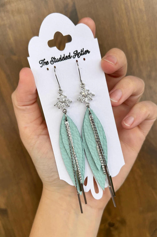 Teardrop Genuine Leather Earrings - Mint Blue and Silver