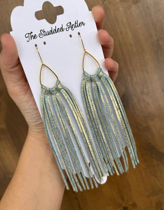 Fringe Hoop Genuine Leather Earrings - Light Blue and Gold Shimmer