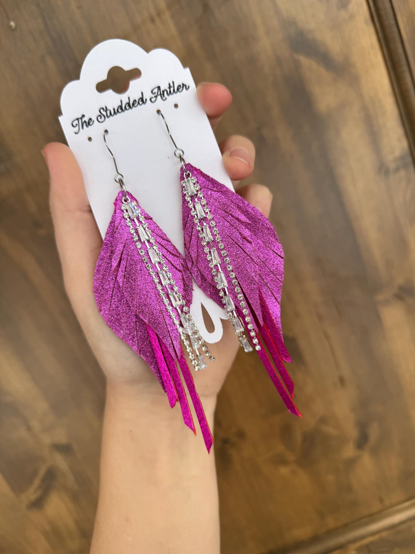Burgundy leather earrings, teardrop leather earrings, fringe feather leather earrings, statement leather earrings, bling silver earrings
