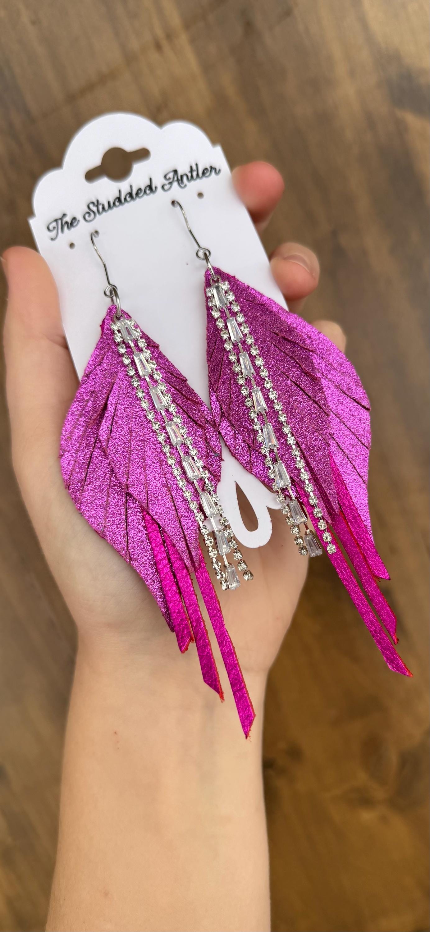 Burgundy leather earrings, teardrop leather earrings, fringe feather leather earrings, statement leather earrings, bling silver earrings